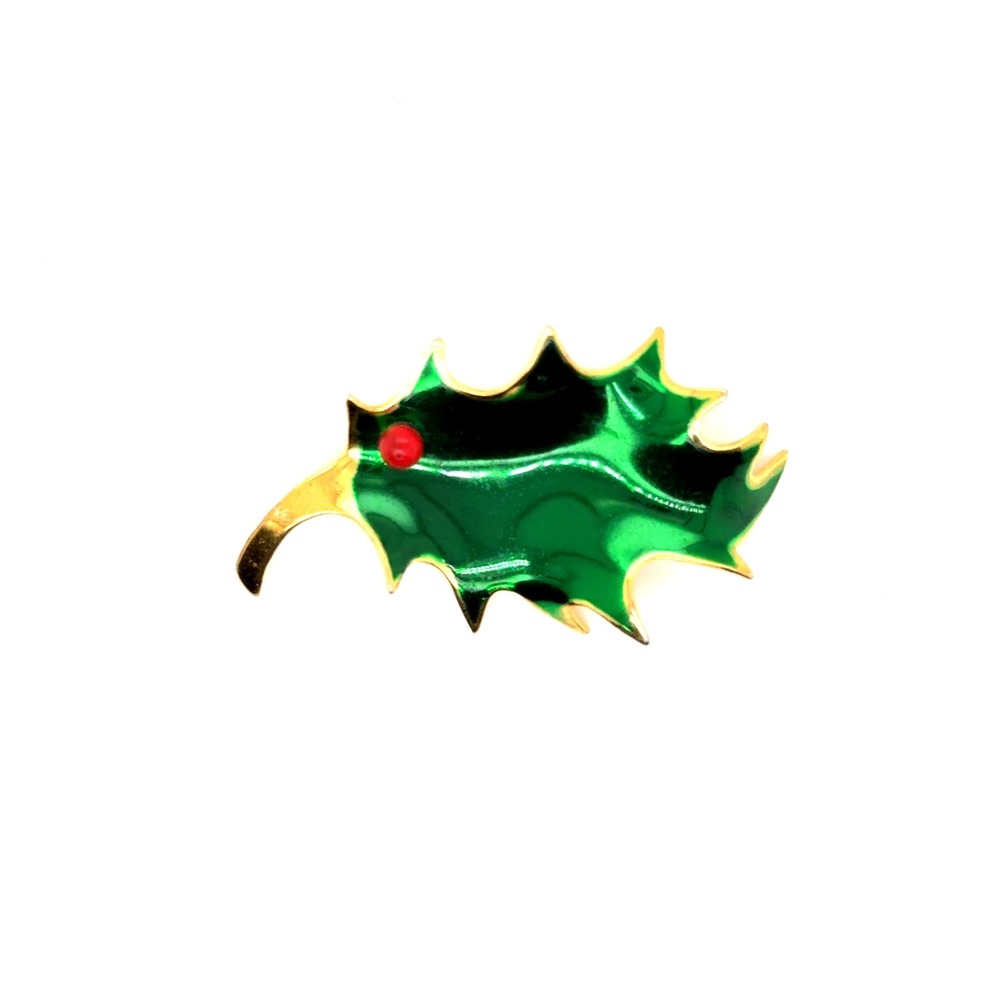 Cerrito Vintage Christmas Holly Leaf Brooch Green Enamel Red Berry Gold Tone Pin